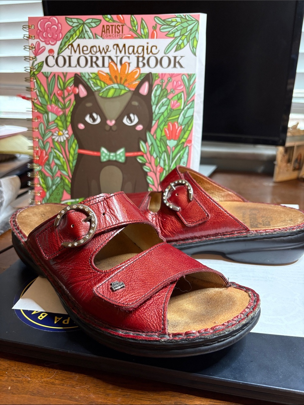 Finn Comfort Red Leather Slide Sandals with Buckle with plenty of life in them.